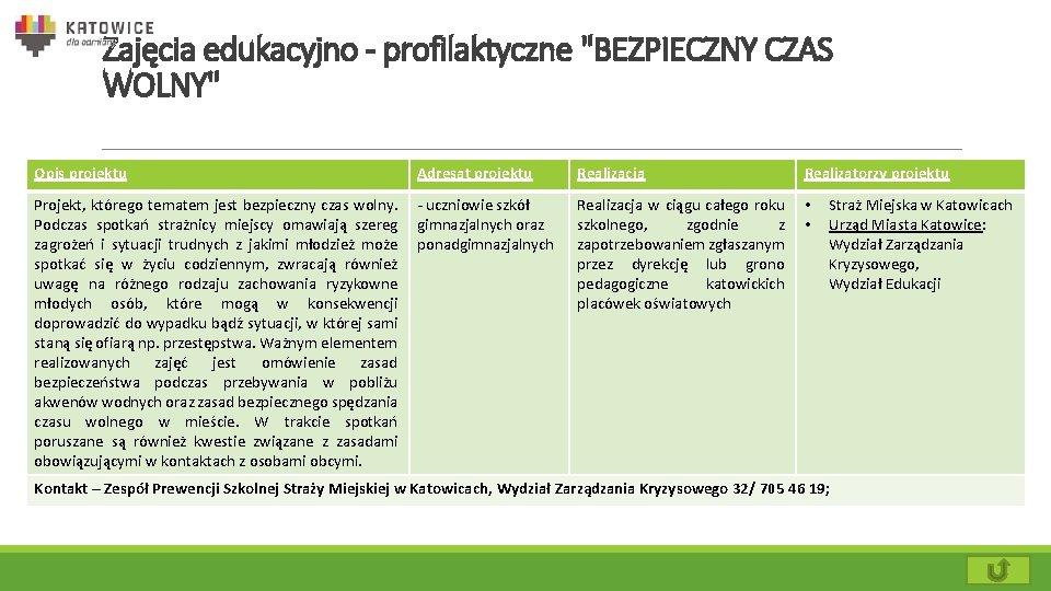 Zajęcia edukacyjno - profilaktyczne "BEZPIECZNY CZAS WOLNY" Opis projektu Adresat projektu Realizacja Realizatorzy projektu