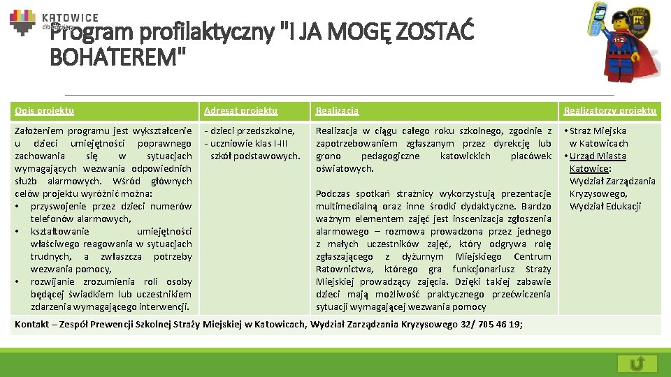 Program profilaktyczny "I JA MOGĘ ZOSTAĆ BOHATEREM" Opis projektu Adresat projektu Realizacja Realizatorzy projektu