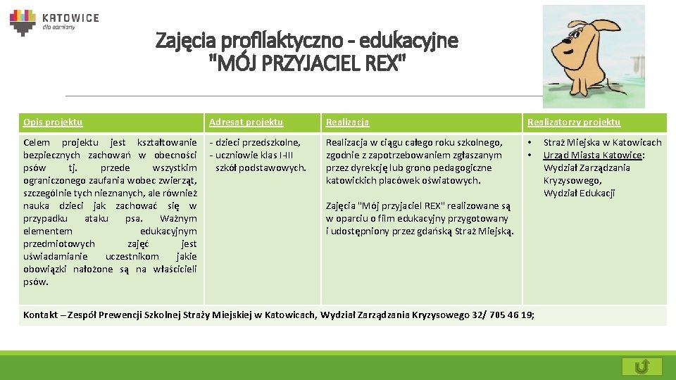 Zajęcia profilaktyczno - edukacyjne "MÓJ PRZYJACIEL REX" Opis projektu Adresat projektu Realizacja Realizatorzy projektu