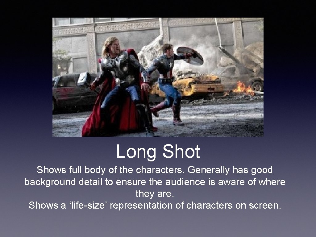Long Shot Shows full body of the characters. Generally has good background detail to