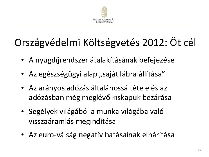 Országvédelmi Költségvetés 2012: Öt cél • A nyugdíjrendszer átalakításának befejezése • Az egészségügyi alap Országvédelmi Költségvetés 2012: Öt cél • A nyugdíjrendszer átalakításának befejezése • Az egészségügyi alap