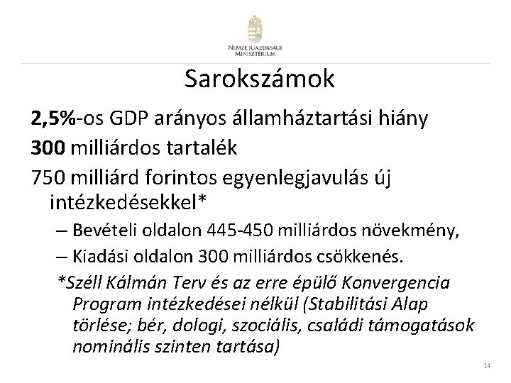 Sarokszámok 2, 5%-os GDP arányos államháztartási hiány 300 milliárdos tartalék 750 milliárd forintos egyenlegjavulás Sarokszámok 2, 5%-os GDP arányos államháztartási hiány 300 milliárdos tartalék 750 milliárd forintos egyenlegjavulás