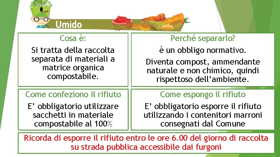 Cosa è: Si tratta della raccolta separata di materiali a matrice organica compostabile. Perché