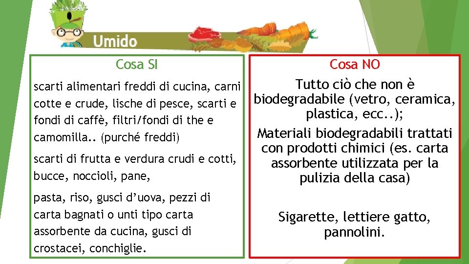 Cosa SI Cosa NO Tutto ciò che non è scarti alimentari freddi di cucina,