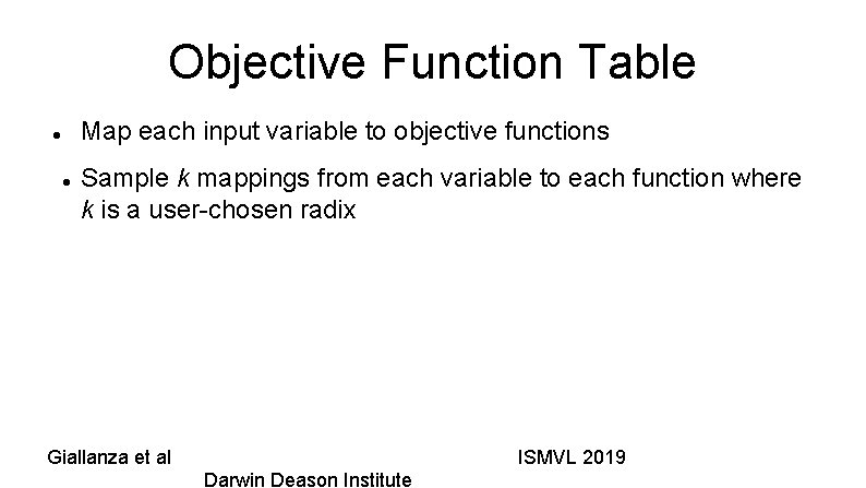 Objective Function Table Map each input variable to objective functions Sample k mappings from