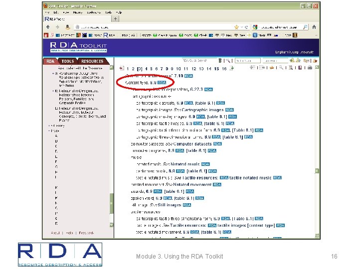 Module 3. Using the RDA Toolkit 16 