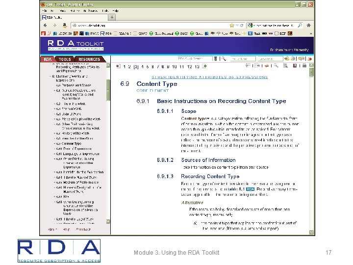 Module 3. Using the RDA Toolkit 17 