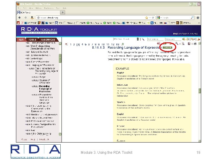 Module 3. Using the RDA Toolkit 19 