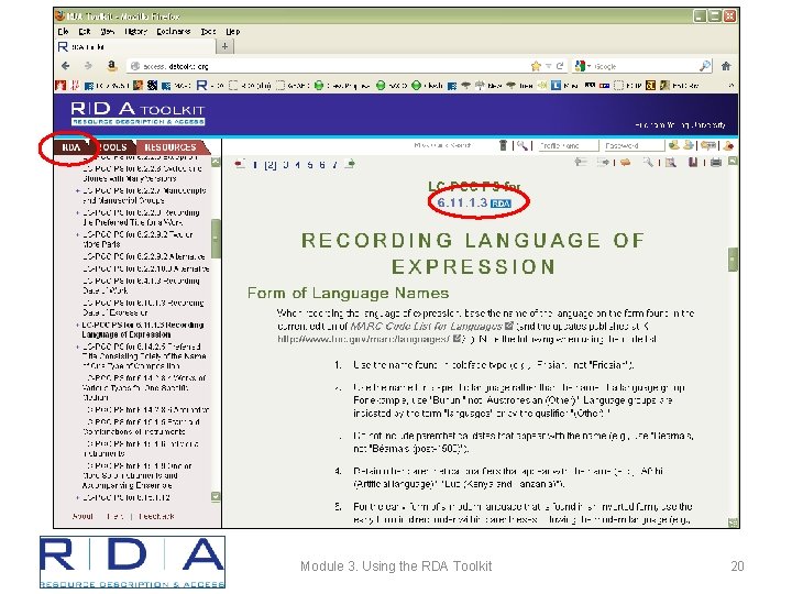 Module 3. Using the RDA Toolkit 20 