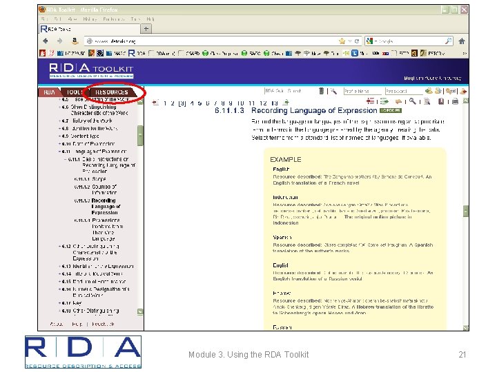 Module 3. Using the RDA Toolkit 21 