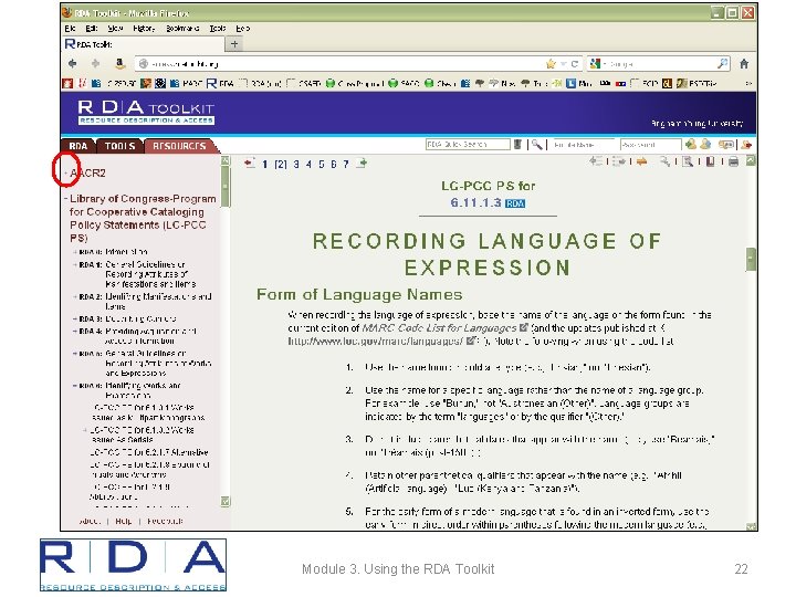 Module 3. Using the RDA Toolkit 22 