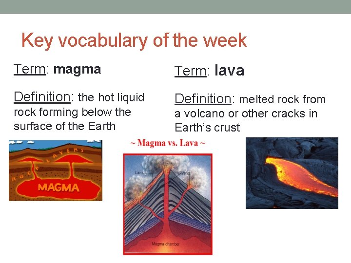 Key vocabulary of the week Term: magma Term: lava Definition: the hot liquid Definition: