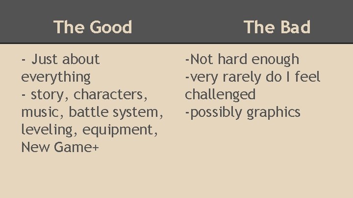 The Good - Just about everything - story, characters, music, battle system, leveling, equipment,