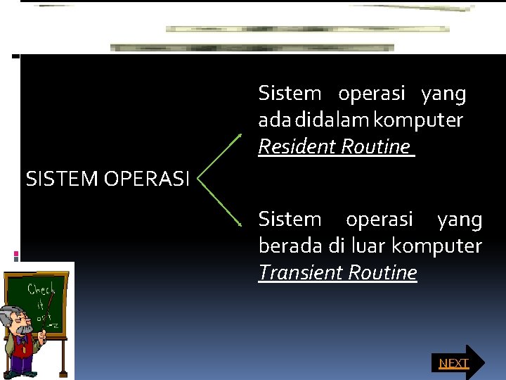 Sistem operasi yang ada didalam komputer Resident Routine SISTEM OPERASI Sistem operasi yang berada