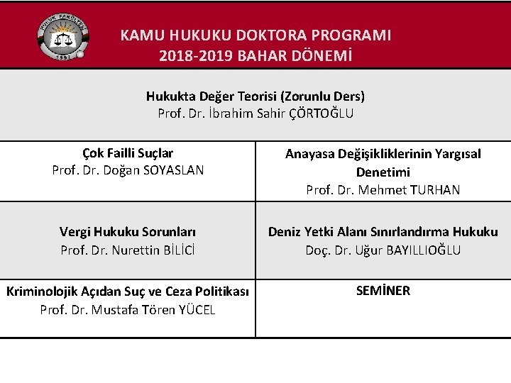 KAMU HUKUKU DOKTORA PROGRAMI 2018 -2019 BAHAR DÖNEMİ Hukukta Değer Teorisi (Zorunlu Ders) Prof.