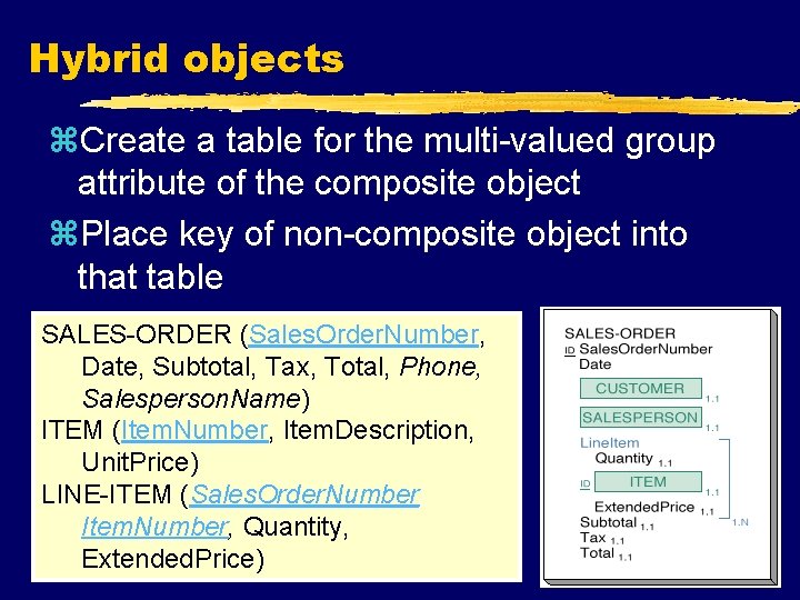 Hybrid objects z. Create a table for the multi-valued group attribute of the composite