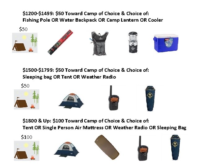 $1200 -$1499: $50 Toward Camp of Choice & Choice of: Fishing Pole OR Water