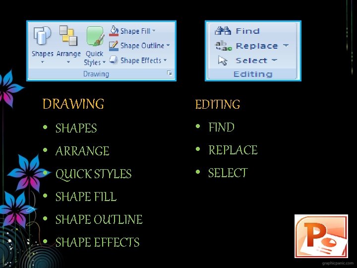 DRAWING • • • SHAPES ARRANGE QUICK STYLES SHAPE FILL SHAPE OUTLINE SHAPE EFFECTS