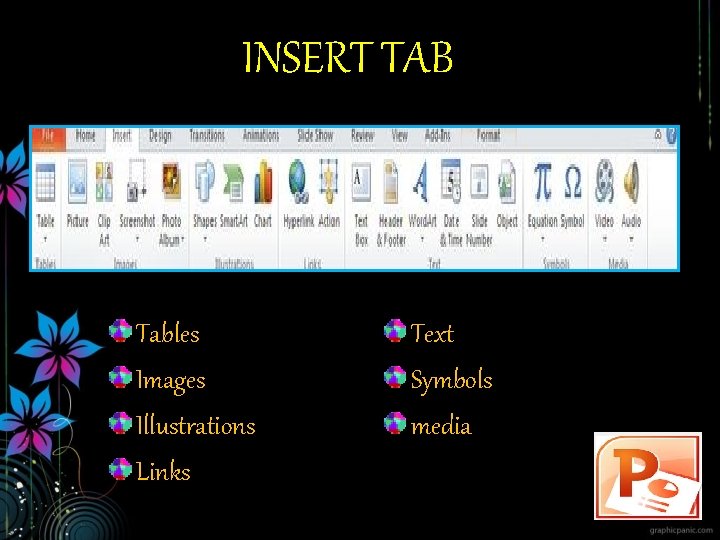INSERT TAB Tables Images Illustrations Links Text Symbols media 
