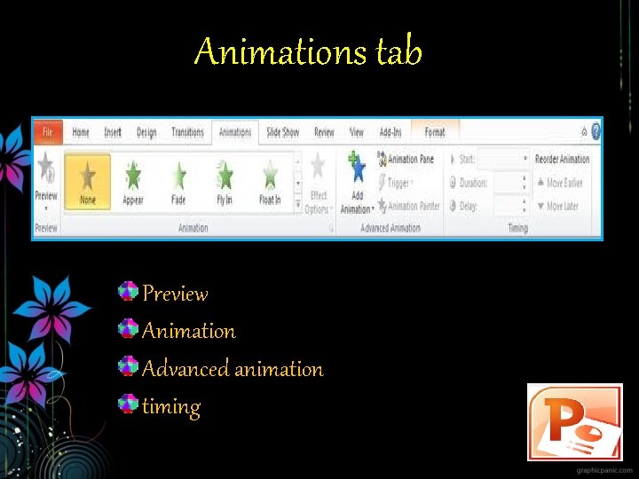 Animations tab Preview Animation Advanced animation timing 