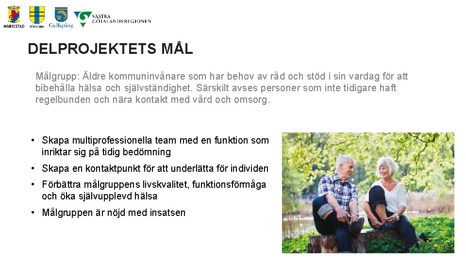 DELPROJEKTETS MÅL Målgrupp: Äldre kommuninvånare som har behov av råd och stöd i sin