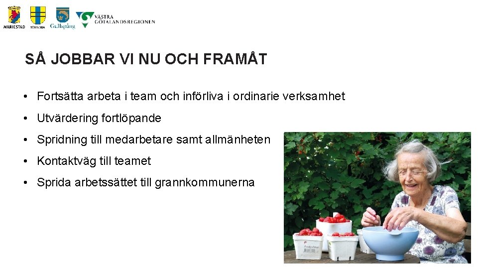SÅ JOBBAR VI NU OCH FRAMÅT • Fortsätta arbeta i team och införliva i