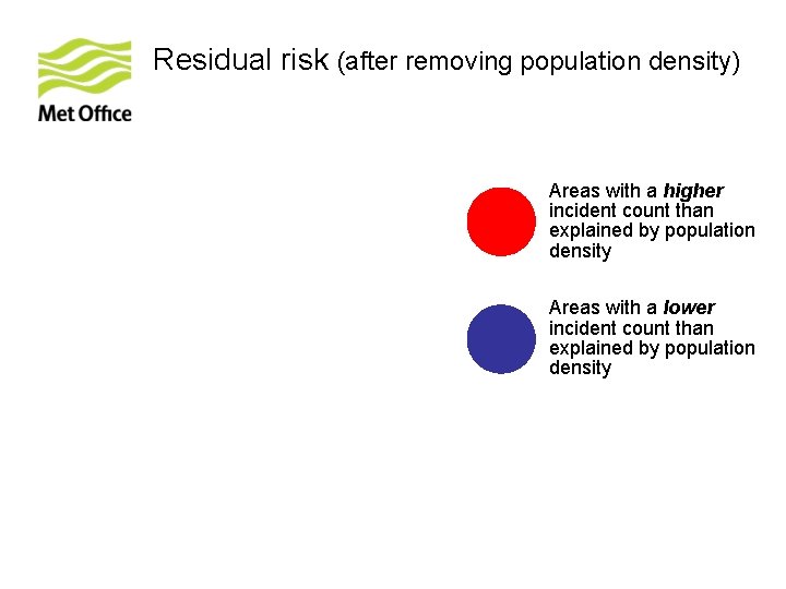 Residual risk (after removing population density) Areas with a higher incident count than explained