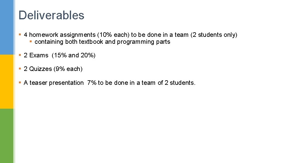 Deliverables § 4 homework assignments (10% each) to be done in a team (2