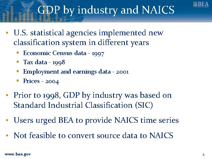 GDP by industry and NAICS ▪ U. S. statistical agencies implemented new classification system