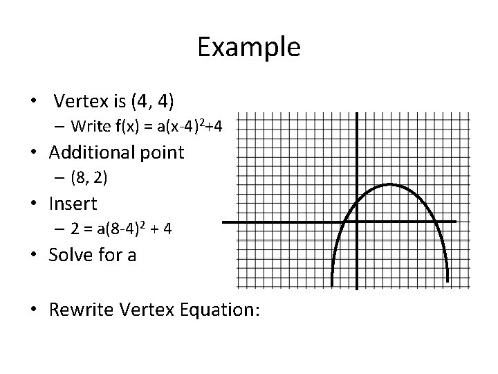 Example • Vertex is (4, 4) – Write f(x) = a(x-4)2+4 • Additional point