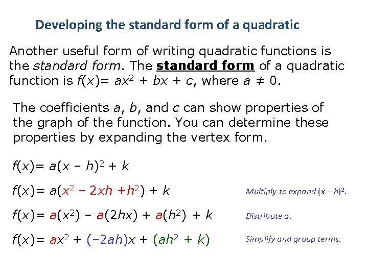 Developing the standard form of a quadratic Another useful form of writing quadratic functions