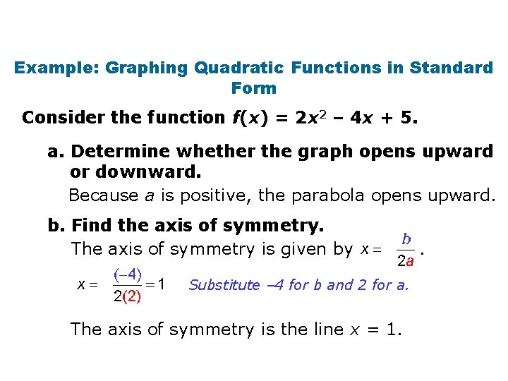 Example: Graphing Quadratic Functions in Standard Form Consider the function f(x) = 2 x