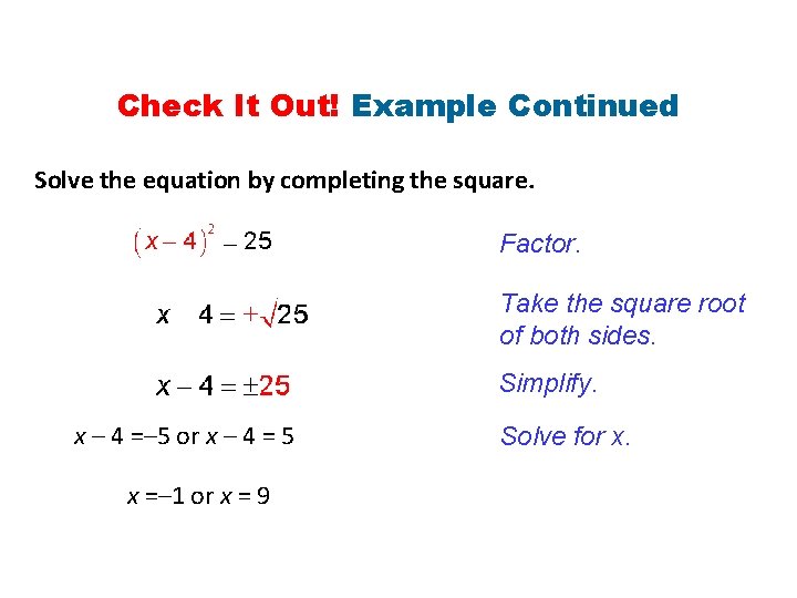 Check It Out! Example Continued Solve the equation by completing the square. Factor. Take