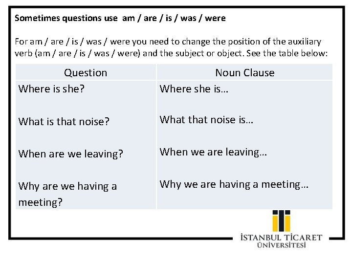 Sometimes questions use am / are / is / was / were For am Sometimes questions use am / are / is / was / were For am
