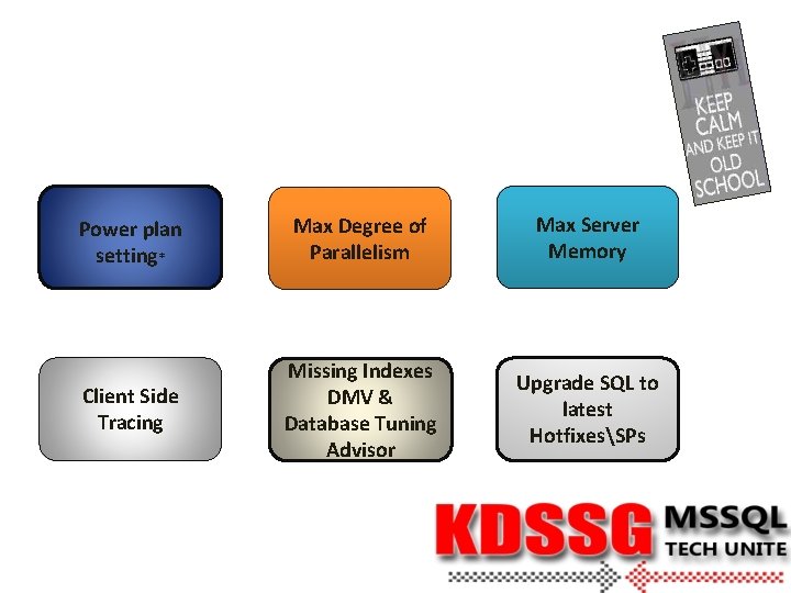 Power plan setting* Max Degree of Parallelism Max Server Memory Client Side Tracing Missing