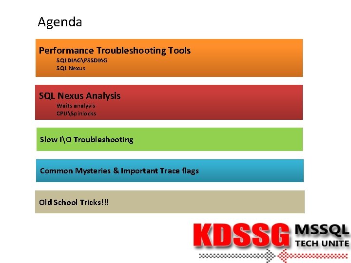 Agenda Performance Troubleshooting Tools SQLDIAGPSSDIAG SQL Nexus Analysis Waits analysis CPUSpinlocks Slow IO Troubleshooting