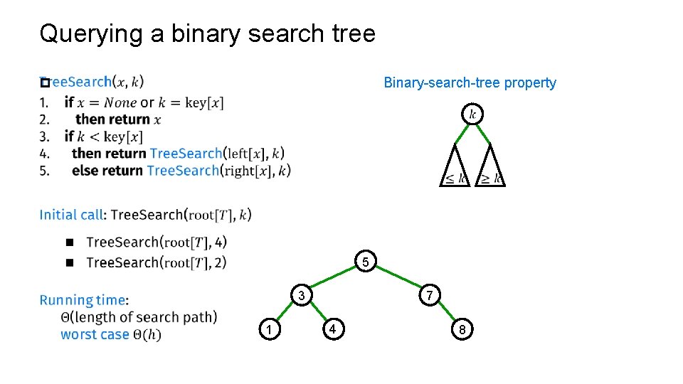 Querying a binary search tree Binary-search-tree property p 5 3 1 7 4 8