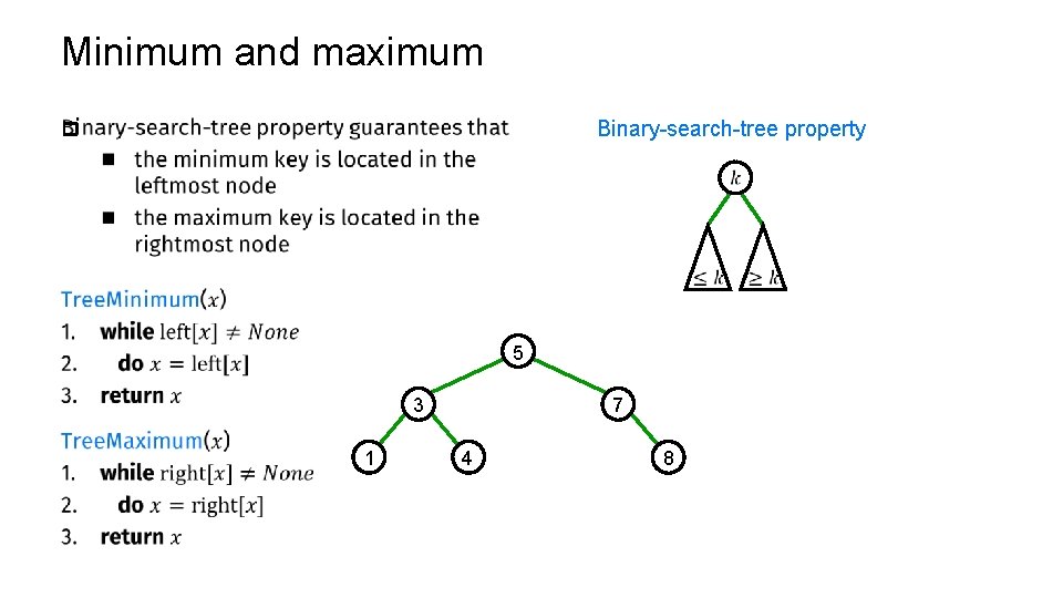 Minimum and maximum Binary-search-tree property p 5 3 1 7 4 8 