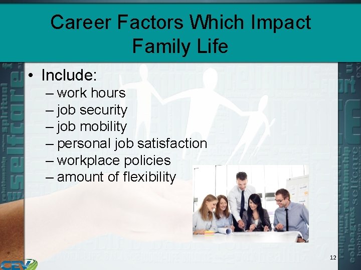 Career Factors Which Impact Family Life • Include: – work hours – job security