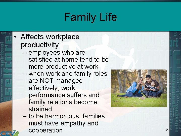 Family Life • Affects workplace productivity – employees who are satisfied at home tend
