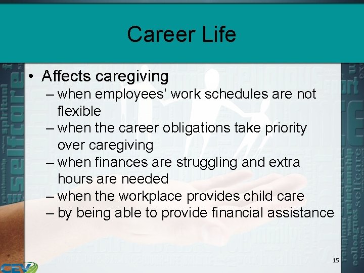 Career Life • Affects caregiving – when employees’ work schedules are not flexible –