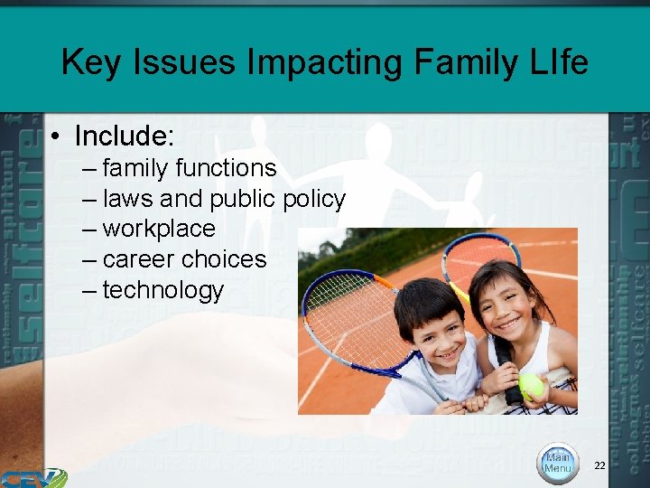 Key Issues Impacting Family LIfe • Include: – family functions – laws and public