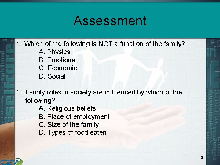 Assessment 1. Which of the following is NOT a function of the family? A.