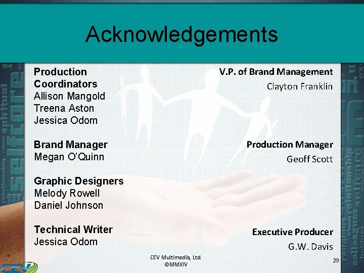 Acknowledgements Production Coordinators Allison Mangold Treena Aston Jessica Odom V. P. of Brand Management