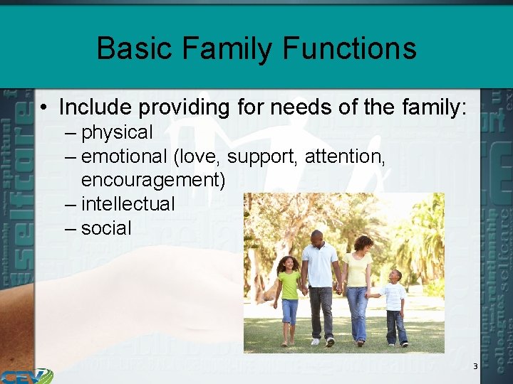 Basic Family Functions • Include providing for needs of the family: – physical –