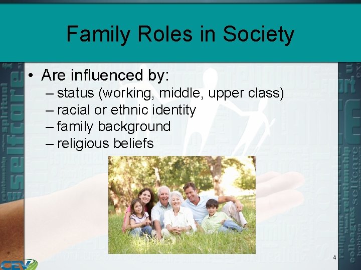 Family Roles in Society • Are influenced by: – status (working, middle, upper class)