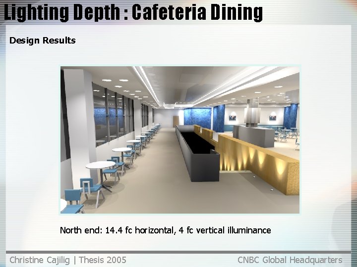 Lighting Depth : Cafeteria Dining Design Results North end: 14. 4 fc horizontal, 4