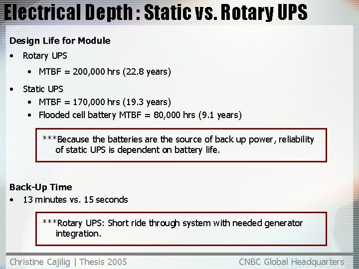 Electrical Depth : Static vs. Rotary UPS Design Life for Module • Rotary UPS