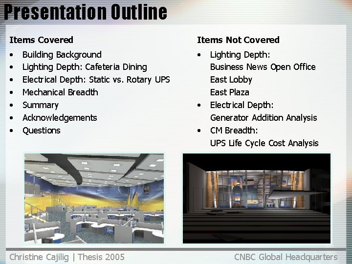 Presentation Outline Items Covered Items Not Covered • • Building Background Lighting Depth: Cafeteria