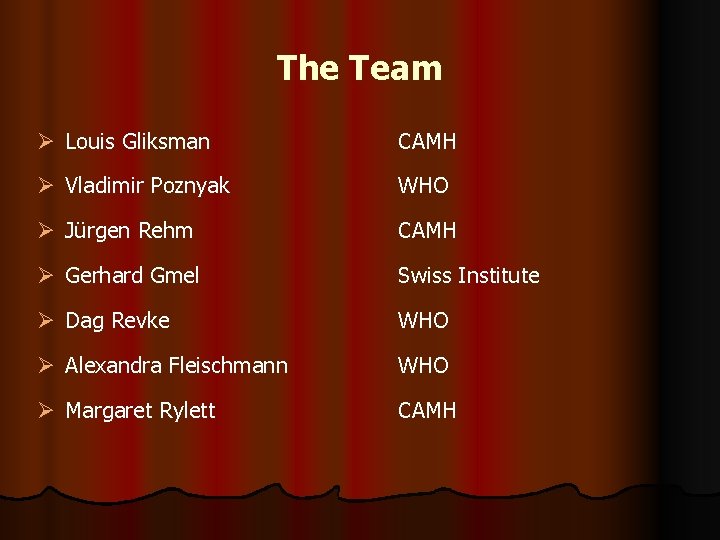The Team Ø Louis Gliksman CAMH Ø Vladimir Poznyak WHO Ø Jürgen Rehm CAMH